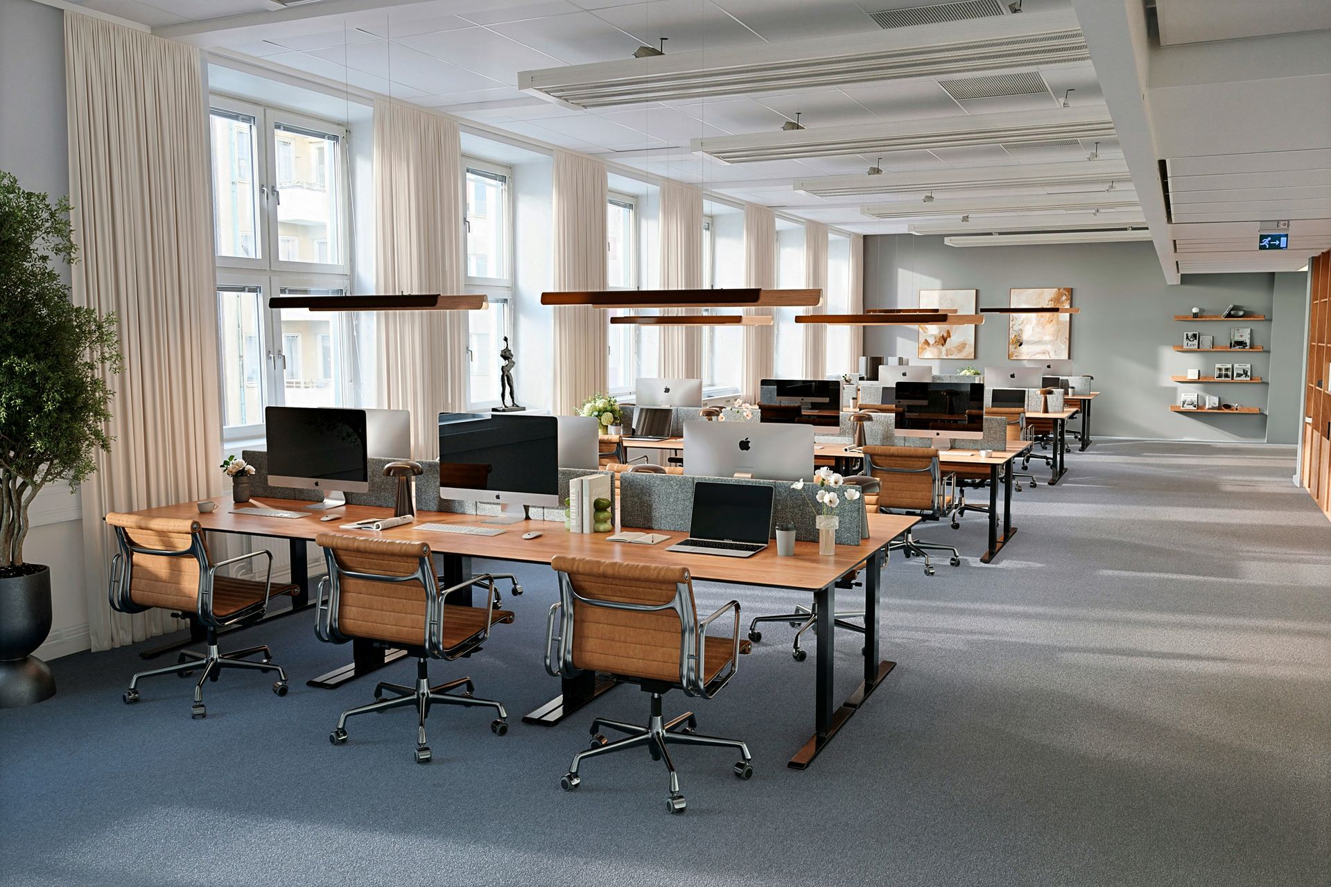A 3D render of a modern open-plan office with rows of wooden desks and leather chairs